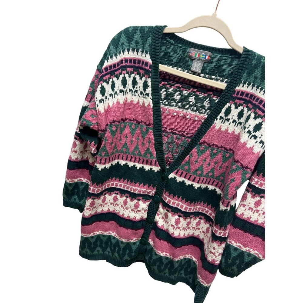 Paris Sport Club Vintage 80's Pink & Green Fair Isle Cardigan